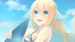  bikini blonde_hair breasts cleavage cloud cloudy_sky collarbone day eyebrows_visible_through_hair fairy_tail green_eyes hair_between_eyes hair_ornament highres hiiragi_hekitsuki long_hair mavis_vermilion open_mouth outdoors portrait sky small_breasts solo striped striped_bikini swimsuit 