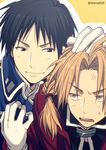  anger_vein black_eyes black_hair blonde_hair braid edward_elric fullmetal_alchemist gloves hand_on_another's_head male_focus mashima_shima multiple_boys open_mouth roy_mustang single_braid smile twitter_username white_gloves yellow_eyes 