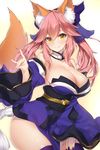  animal_ears blue_ribbon blush breasts cleavage detached_collar fate/extra fate_(series) fox_ears fox_shadow_puppet fox_tail hair_ribbon highres japanese_clothes kimono large_breasts light_smile long_hair looking_at_viewer obi pink_hair ribbon sash simple_background solo tail tamamo_(fate)_(all) tamamo_no_mae_(fate) wide_sleeves yaman yellow_eyes 