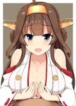  1girl :d ahoge bangs bare_shoulders blunt_bangs blush breasts brown_background brown_hair collarbone cum cum_on_body cum_on_breasts cum_on_upper_body double_bun eyebrows_visible_through_hair girl_on_top headgear hetero highres japanese_clothes kantai_collection kimono kongou_(kantai_collection) large_breasts nontraditional_miko ocha_(ochappie) open_mouth paizuri pob purple_eyes raised_eyebrows red_ribbon ribbon ribbon-trimmed_sleeves ribbon_trim shiny shiny_skin simple_background sleeveless sleeveless_kimono smile solo_focus upper_body 