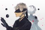  1girl blindfold blood bloody_tears choker commentary cube dress gloves gradient gradient_background highres jacket juliet_sleeves lips long_sleeves nier_(series) nier_automata oune_(siroiobap) pale_skin puffy_sleeves short_hair strap white_hair yorha_no._2_type_b yorha_no._9_type_s 