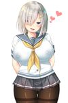  arms_behind_back blue_eyes blush breasts collarbone covered_nipples cowboy_shot hair_ornament hair_over_one_eye hairpin hamakaze_(kantai_collection) heart highres jewelry kantai_collection large_breasts looking_at_viewer naughty_face oekakizuki pleated_skirt plump school_uniform serafuku shiny shiny_hair shiny_skin short_hair silver_hair simple_background skirt solo thighhighs white_background 