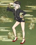  belt black_shorts commentary_request green_eyes hand_on_hip hat high_heels hotarumaru male_focus otanagare partial_commentary red_footwear shoes short_shorts shorts silver_hair touken_ranbu 