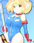  blonde_hair breasts fingerless_gloves gloves green_eyes gundam gundam_card_builder highleg highleg_leotard highres hips large_breasts leotard looking_at_viewer ogw_(ogawa) open_mouth reiko_holinger short_hair short_twintails simple_background solo twintails 