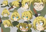  :o =_= angry blue_eyes character_sheet clenched_teeth closed_eyes commentary_request expressions grey_background gun hair_between_eyes hijikawa_arashi multiple_views nervous rifle simple_background sweat tanya_degurechaff teeth weapon wide-eyed yellow_eyes youjo_senki 