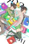  1girl black_hair book choroko_(osomatsu-san) glasses green_shorts hair_bun highres hood hoodie long_sleeves matsuno_choromatsu matsuno_ichimatsu matsuno_juushimatsu matsuno_karamatsu matsuno_osomatsu matsuno_todomatsu multicolored multicolored_clothes multicolored_legwear osomatsu-kun osomatsu-san polka_dot polka_dot_legwear shorts text_focus thighhighs two-tone_legwear umbrella zuizi 