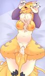  2016 absurd_res anthro big_breasts breasts chest_tuft cum cum_inflation cum_leaking digimon drooling female hi_res inflation invalid_tag kissurai looking_at_viewer lying nude on_back open_mouth pussy renamon saliva solo spread_legs spreading tuft 