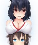  bare_shoulders black_hair blue_eyes blush breast_rest breasts breasts_on_head brown_hair hair_between_eyes hair_flaps hair_ornament headgear highres japanese_clothes kantai_collection large_breasts looking_at_viewer looking_up multiple_girls nervous_smile nontraditional_miko ogoro red_eyes remodel_(kantai_collection) shigure_(kantai_collection) short_hair sweat yamashiro_(kantai_collection) 