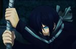  bandages blue_eyes blue_hair hair_over_one_eye hiiragi_hekitsuki holding holding_weapon male_focus noragami solo weapon yato_(noragami) 
