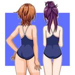  ass brown_hair competition_school_swimsuit cowboy_shot from_behind futari_wa_precure_splash_star h26r half_updo hand_on_hip hyuuga_saki long_hair mishou_mai multiple_girls one-piece_swimsuit ponytail precure purple_hair short_hair standing swimsuit tan tanline thigh_gap topknot very_short_hair 