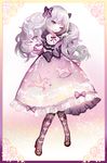  bangs border bow commentary_request curly_hair dress frilled_dress frills full_body grey_hair hair_bow hand_on_own_shoulder lolita_fashion long_hair long_sleeves moemoe3345 neck_ribbon one_eye_closed open_mouth original outstretched_hand pantyhose pegasus print_dress print_legwear purple_eyes ribbon rocking_horse shoes solo 