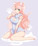  :p animal_ears barefoot blue_sweater blush breasts cat_cutout cat_ears cat_tail cleavage_cutout eyebrows_visible_through_hair green_eyes grey_background highres juugonichi_(wheeliex2) long_hair looking_at_viewer medium_breasts meme_attire naked_sweater open-chest_sweater original pink_hair simple_background sitting solo sweater tail tongue tongue_out turtleneck turtleneck_sweater virgin_killer_sweater wariza 