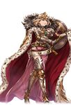  alpha_transparency armor armored_boots blonde_hair boots cape crown djeeta_(granblue_fantasy) dress full_body fur-trimmed_cape fur_trim granblue_fantasy minaba_hideo official_art open_mouth pink_dress red_cape shield short_hair side_slit solo transparent_background walking weapon_master_(granblue_fantasy) 