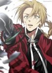  automail blonde_hair blurry braid broken depth_of_field edward_elric fullmetal_alchemist male_focus mashima_shima mechanical_arm open_mouth single_braid yellow_eyes 