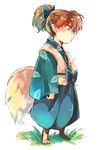  blue_bow bow brown_eyes expressionless fox_tail full_body fur grass hair_bow high_ponytail inuyasha japanese_clothes male_focus motobi_(mtb_umk) paws pointy_ears ponytail shippou_(inuyasha) solo standing tail vest white_background 