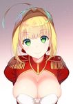  ahoge asahina_hikage braid breasts cleavage epaulettes fate/extra fate_(series) gradient gradient_background green_eyes hair_intakes large_breasts looking_at_viewer nero_claudius_(fate) nero_claudius_(fate)_(all) skindentation smile solo 