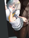  1girl against_wall ass black_background blue_eyes blush breast_press breasts clothed_female_nude_male collarbone covered_nipples covering_mouth cowboy_shot doggystyle gloves hair_ornament hair_over_one_eye hairpin hamakaze_(kantai_collection) hetero highres jewelry kantai_collection large_breasts nipples nude oekakizuki pantyhose pleated_skirt school_uniform serafuku sex shiny shiny_hair shiny_skin short_hair silver_hair simple_background skirt tearing_up thighhighs torn_clothes torn_legwear vaginal white_gloves 