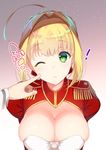  1girl ahoge asahina_hikage braid breasts cleavage epaulettes fate/extra fate_(series) gradient gradient_background green_eyes hair_intakes large_breasts looking_at_viewer nero_claudius_(fate) nero_claudius_(fate)_(all) one_eye_closed poking skindentation smile solo 