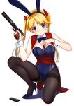  animal_ears between_breasts black_legwear blonde_hair blue_eyes bow bowtie breasts bunny_ears bunny_tail bunnysuit cleavage coattails detached_collar gun hair_bow highres large_breasts long_hair magazine_(weapon) mizuki_(mizuki_ame) one_knee original pantyhose red_bow solo tail tailcoat thighband_pantyhose twintails vest weapon wrist_cuffs 