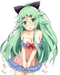  :o aikawa_ryou alternate_costume bangs bare_arms bare_shoulders black_bow blush bow breasts cleavage collarbone commentary covering covering_crotch cowboy_shot dress embarrassed frilled_dress frills green_eyes green_hair groin hair_between_eyes hair_bow hair_ornament hairclip highres kantai_collection long_hair looking_at_viewer medium_breasts motion_lines no_panties nose_blush open_mouth parted_bangs red_bow school_uniform solo standing strapless strapless_dress translated trembling v_arms very_long_hair yamakaze_(kantai_collection) 