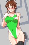  akizuki_ritsuko angry ass_visible_through_thighs bangs black_legwear blunt_bangs blush breasts brown_eyes brown_hair cleavage clipboard competition_swimsuit covered_navel cowboy_shot dutch_angle folded_ponytail glasses gloves green_swimsuit highleg highleg_swimsuit highres idolmaster idolmaster_(classic) large_breasts looking_at_viewer name_tag one-piece_swimsuit solo standing swimsuit tengu_(tetuo_kun) thigh_gap thighhighs 