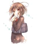  bad_id bad_pixiv_id bag blush book book_hug brown_eyes brown_hair eyebrows_visible_through_hair from_side holding holding_book kuma_(happylocation) long_sleeves looking_at_viewer looking_to_the_side original school_bag school_uniform shoulder_bag simple_background sleeves_past_wrists solo white_background 