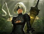  2017 absurdres artist_name artstation_username bangs black_dress black_gloves black_hairband black_legwear blindfold breasts bush chain covered_eyes dated day dress elbow_gloves facebook_username facing_viewer feather-trimmed_sleeves feather_trim gloves greatsword hair_over_one_eye hairband highres huge_weapon indoors juliet_sleeves katana light_rays lips long_sleeves medium_breasts mole mole_under_mouth nier_(series) nier_automata nose nutthapon_petchthai parted_lips pink_lips puffy_sleeves short_dress short_hair signature silver_hair solo standing sunbeam sunlight sword tassel tree turtleneck upper_body vambraces watermark weapon web_address white_gloves yorha_no._2_type_b 