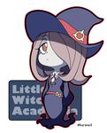  bangs belt blue_ribbon chibi collared_shirt copyright_name dress english expressionless eyebrows eyebrows_visible_through_hair full_body hair_over_one_eye hat jpeg_artifacts kurono lavender_hair little_witch_academia long_hair long_sleeves looking_at_viewer neck_ribbon outline pale_skin red_eyes ribbon school_uniform shirt sleeves_past_wrists solo standing sucy_manbavaran swept_bangs twitter_username white_background wide_sleeves witch_hat 