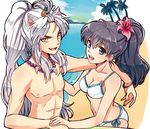  1girl alternate_hairstyle animal_ears beach bikini black_hair blue_eyes day dog_ears flower food fruit hair_flower hair_ornament hibiscus high_ponytail higurashi_kagome inuyasha inuyasha_(character) jewelry long_hair looking_at_viewer motobi_(mtb_umk) necklace ocean palm_tree pearl_necklace pineapple ponytail shirtless side-tie_bikini silver_hair swimsuit tree very_long_hair white_bikini 