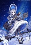  2016 :o blue_eyes bonnet cape commentary_request dutch_angle footprints from_below fur-trimmed_boots fur-trimmed_cape fur-trimmed_dress fur_trim gothic_lolita grey_legwear honnou_(kjs9504) igloo jar lolita_fashion long_hair looking_at_viewer map milky_way mittens mountain night original outdoors pine_tree pocket_watch reindeer silver_hair sky snow snow_shelter snowflakes solo star_(sky) starry_sky striped striped_legwear telescope tree tripod very_long_hair watch watermark 