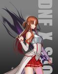  arched_back asuna_(sao) bare_shoulders beckoning belt braid breastplate brown_eyes brown_hair dark_templar_(dungeon_and_fighter) detached_sleeves dungeon_and_fighter female_slayer_(dungeon_and_fighter) highres kim_jin_sung long_hair looking_at_viewer pleated_skirt rapier skin_tight skirt sword sword_art_online weapon 