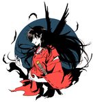  alternate_form animal animal_on_shoulder bird bird_on_shoulder black_feathers black_hair circle crow demon_boy feathers floating_hair from_side grin inuyasha inuyasha_(character) japanese_clothes jewelry katana long_hair male_focus motobi_(mtb_umk) necklace pearl_necklace pointy_ears profile smile solo spot_color sword weapon wide_sleeves 