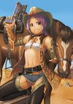  :d bangs belt black_choker black_footwear blue_eyes boots breasts bullet cactus choker commentary_request cowboy cowboy_hat day grin gun handgun hat highres holding holding_another's_hair holding_gun holding_weapon horse jewelry looking_at_viewer midriff navel open_mouth original parted_bangs pendant ponytail purple_eyes ranma_(kamenrideroz) saddle sand sarashi short_shorts shorts small_breasts smile solo sunlight thigh_boots thighhighs weapon western 