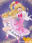  :d asahina_mirai blonde_hair blue_eyes blush bow bracelet broom broom_riding crescent_moon cure_miracle dress earrings foreshortening full_body gloves hair_bow high_heels jewelry layered_dress long_hair looking_at_viewer magical_girl mahou_girls_precure! moon open_mouth otanagare pink_dress precure purple_eyes smile solo twitter_username white_gloves white_legwear 