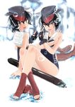  2girls absurdres bare_shoulders black_gloves black_hair blue_swimsuit boots brown_eyes error fingerless_gloves gloves hat highres i-13_(kantai_collection) i-14_(kantai_collection) kantai_collection looking_at_viewer multiple_girls nodokana_yuki number one-piece_swimsuit open_mouth short_hair sisters smile swimsuit toeless_boots torpedo twins 