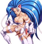  1girl abs absurdres animal animal_ears bare blue_eyes blue_hair breasts capcom cat_ears cat_tail catgirl choker claws fangs felicia fur highres long_hair looking matching_hair/eyes muscle paws shinonome_(game_hakkutsu_tai) solo tail toned vampire_(game) very_long_hair viewer 