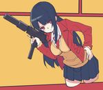  akagawa007 bad_id bad_pixiv_id black_hair breasts cropped_legs gun hand_on_hip hanging_breasts hime_cut jacket leaning mac-10 medium_breasts mole mole_under_eye no_legs original red_eyes red_jacket school_uniform skirt solo submachine_gun suppressor sweater trigger_discipline weapon 