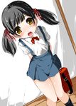  1girl bag black_hair black_legwear blush child dutch_angle flat_chest floor hair_ribbon kindandowa looking_at_viewer open_mouth original red_ribbon ribbon school_uniform short_sleeves skirt solo teeth tomodachi_no_imouto_ni_suiminyaku_o_nomasete_ippouteki_ni_love_love! wooden_floor yellow_eyes 