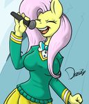  anthro anthrofied bow_tie breasts clothed clothing cute drowzy equine eyes_closed female fluttershy_(mlp) friendship_is_magic happy horse mammal microphone my_little_pony pony shining smile solo teeth 