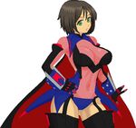 1girl ahoge black_hair bodysuit breasts cape clothed_navel cosplay covered_navel garter_straps gauntlets honchan nchallenge nchans pixel_art power_armor redesign simple_background solo thighhighs warner 