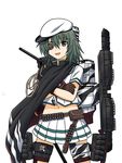  :d brown_gloves cape crossed_arms eyepatch gloves green_eyes green_hair hat hoshino_banchou kantai_collection kiso_(kantai_collection) long_hair looking_at_viewer machinery navel open_mouth pleated_skirt remodel_(kantai_collection) school_uniform serafuku simple_background skirt smile solo white_background 