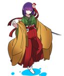 bangs blunt_bangs commentary_request flower hair_flower hair_ornament hair_ribbon hakama hand_up hieda_no_akyuu hiedanotsukai highres holding holding_sword holding_weapon japanese_clothes kimono looking_to_the_side no_shoes off_shoulder pink_eyes purple_hair red_ribbon ribbon sleeves_past_wrists smile solo sword sword_in_sleeve tabi touhou transparent_background tsurime weapon 