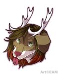  ambiguous_form ambiguous_gender antlers canine eamart fur hair headshot horn hybrid looking_at_viewer mammal smile solo 