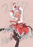  2017 bird black_legwear chicken closed_eyes dress fang happy_new_year highres new_year open_mouth original pantyhose petticoat red_skirt rooster shirt short_hair skirt smile solo standing standing_on_one_leg supernew white_hair white_shirt 