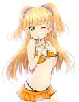  ;) akata_itsuki bikini bikini_lift blonde_hair blush bracelet breasts finger_to_mouth green_eyes grin idolmaster idolmaster_cinderella_girls jewelry jougasaki_rika lifted_by_self long_hair looking_at_viewer necklace one_eye_closed simple_background sketch small_breasts smile solo swimsuit two_side_up underboob white_background 