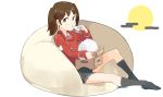  bean_bag_chair black_legwear black_skirt brown_hair co_botan commentary_request cushion dango eating food full_body highres japanese_clothes kantai_collection kariginu kneehighs magatama mochi moon pleated_skirt red_shirt ryuujou_(kantai_collection) shirt simple_background skirt solo tsukimi_dango twintails wagashi white_background yellow_moon 