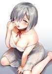  arm_support blue_eyes blush breasts collarbone finger_licking from_above hair_ornament hair_over_one_eye hairclip hamakaze_(kantai_collection) highres kantai_collection large_breasts licking lingerie looking_at_viewer negligee saliva saliva_trail short_hair silver_hair sitting solo strap_slip tongue tongue_out umakuchi_shouyu underwear wariza 