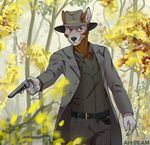  anthro belt canine clothed clothing eamart forest fur gun handgun hat male mammal outside pistol ranged_weapon solo standing tree weapon 