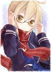  adjusting_eyewear ahoge artist_name artoria_pendragon_(all) black-framed_eyewear blonde_hair braid checkered checkered_scarf coat commentary_request duffel_coat fate/grand_order fate_(series) fringe_trim glasses hair_between_eyes looking_at_viewer mysterious_heroine_x_(alter) open_clothes open_coat parted_lips red_scarf scarf school_uniform semi-rimless_eyewear serafuku sidelocks signature smile solo under-rim_eyewear upper_body yellow_eyes yonema 