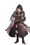  alpha_transparency assassin_(granblue_fantasy) belt black_coat boots brown_eyes brown_hair crossed_arms full_body gran_(granblue_fantasy) granblue_fantasy hood long_coat male_focus minaba_hideo official_art serious solo transparent_background utility_belt 